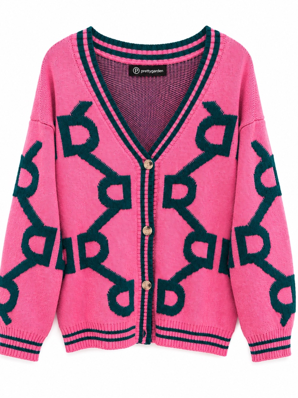 PrettyGarden Pink Geometric Cardigan Sweater Medium Oversized Preppy